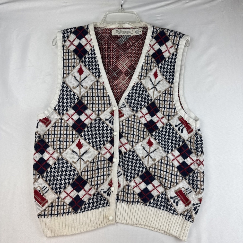 Vintage Crossings Patchwork Knit Sweater Vest Womens M USA Made Cotton